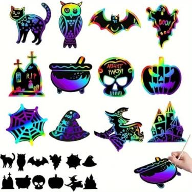 Imagem de 24 peças de papel de arte de raspar de Halloween, kit de artesanato infantil para sacolas de doces ou travessuras, lembrancinhas de festa, prêmios de sala de aula, decorações assustadoras e atividades