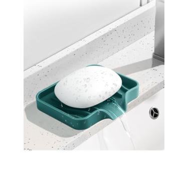 Imagem de 2 peças de suporte de sabão autodrenante, saboneteira de silicone, adequado para cozinha, banheiro, chuveiro, banheira, recipiente de sabão (verde)