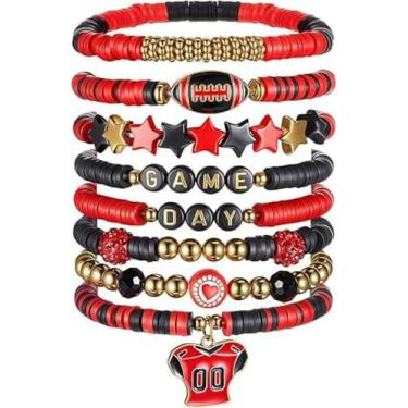 Imagem de KLSKLYL 【Conjunto de 8 peças de pulseiras Super Bowl】 Pulseiras com tema esportivo para dia de jogo – Conjunto de miçangas unissex de futebol, basquete, vôlei e beisebol, One Size, Argila de polímero