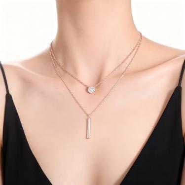 Imagem de Colar geométrico moderno com tiras longas, zircão, circular, camada dupla, simples, corrente de clavícula para mulheres, Small, Latão, Sem Pedra Preciosa