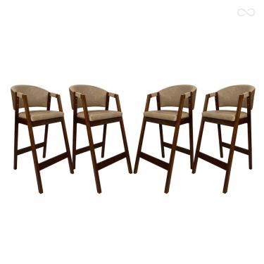 Imagem de Kit 4 Banquetas Alta para Ilha de Cozinha Ravena Madeira Maciça Capuccino Sintético Marrom Bege CCS