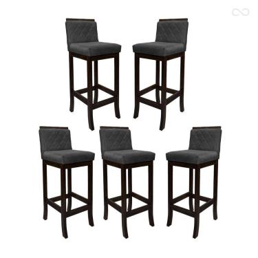 Imagem de Kit 5 Banquetas Alta com Encosto Matelassê Nice Madeira Maciça Maciça Suede Cinza CCS