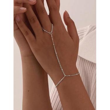 Imagem de Pulseira dourada elegante com anel para mulheres, boho, ajustável, estilo férias, pulseira de elos para presente de aniversário, One Size, liga metálica, Sem Pedra Preciosa