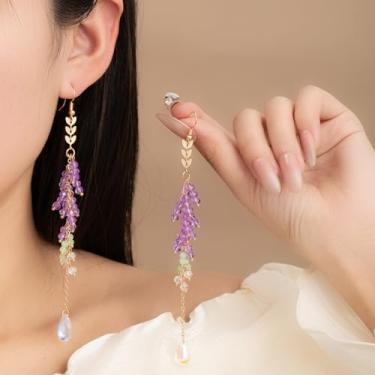 Imagem de Brincos de gota floral para mulheres, flor azul e branca com design de folha verde, joia leve com pingente longo, F, Aço inoxidável, Sem pedra preciosa