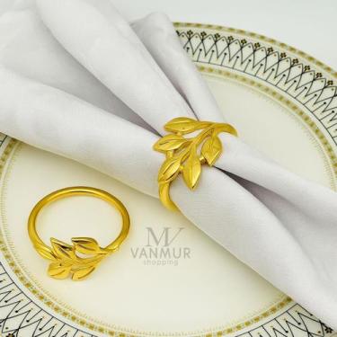 Imagem de Kit 6 Anéis Porta Guardanapo Folhas De Metal Dourado De Luxo Mesa Post