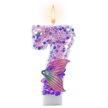 Imagem de Velas de aniversário com tema de sereia para decorações de festa de aniversário, número 7, lembrancinhas de festa de aniversário com glitter, suprimentos para topo de bolo de 7,3 cm