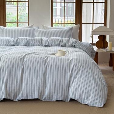 Imagem de BESTDESIL Conjunto de capa de edredom listrado 100% algodão lavado, como roupa de cama macia e respirável (branco/faixa azul centáurea, Queen)