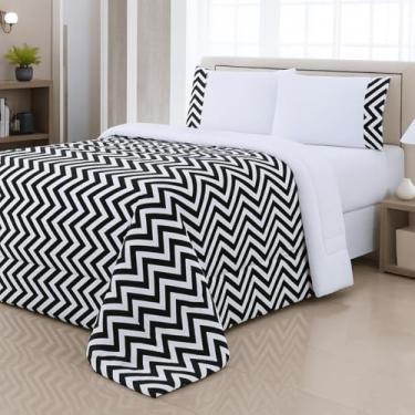 Imagem de Kit Edredom + Lençol de Cama Casal Premium, 4 Peças, Percal 400 Fios, Edredom Dupla Face com Lençol Elástico, Estampas Sortidas (Zig Zag Preto)