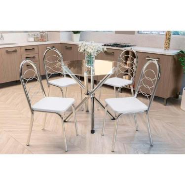 Imagem de Sala De Jantar Volga Tampo De Vidro 95x95cm E 4 Cadeiras Holanda Cromada Branco