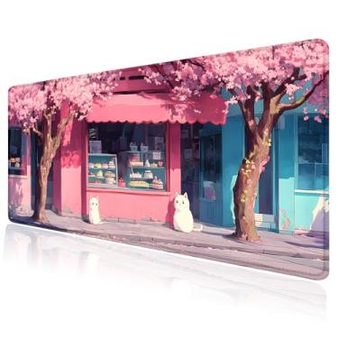 Imagem de Tapete de rato grande de gato branco com desenho japonês fofo, tapete de mesa para teclado de computador, base de borracha antiderrapante, à prova d'água, com bordas costuradas para jogos de laptop