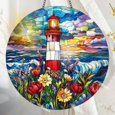 Imagem de Suncatcher acrílico colorido, decoração de janela suspensa de farol com design de vitral impresso, apanhador de sol, arte de parede de arco-íris, ideia de presente e ornamento de jardim, uso interno e