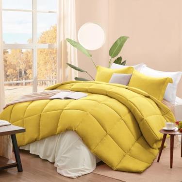 Imagem de SunStyle Home Conjunto de edredom king size, amarelo, 3 peças, edredom leve, tamanho king, liso, costurado, macio, respirável, conjunto de cama alternativo com 2 fronhas para todas as estações