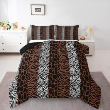 Imagem de Feelyou Conjunto de edredom infantil com listras de zebra, tamanho Queen, estampa de leopardo, zebra, leopardo, para quarto de crianças, meninos e meninas, decoração de pele de animal selvagem, marrom