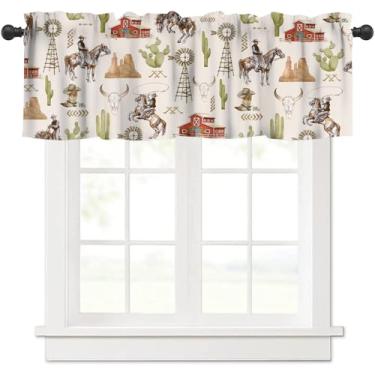 Imagem de wlsgdsg Cortina de saia infantil de cowboy ocidental, vintage fazenda moinho de vento do deserto ocidental casa vermelha desenho caubói montando cavalos tratamento de janela para meninos sala de estar