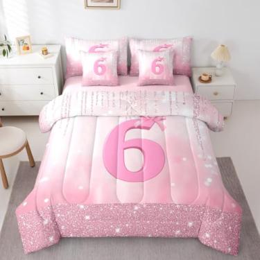 Imagem de Feelyou Conjunto de edredom solteiro com laço rosa com lençol para crianças, meninos, meninas, número 6, 7 peças, cama de princesa com glitter em uma bolsa, decoração de quarto de aniversário