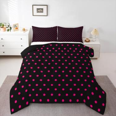 Imagem de Conjunto de cama de casal preto e rosa, com bolinhas, para meninos, meninas, adolescentes, abstrato, respirável, macio, leve, microfibra moderna, decoração de quarto
