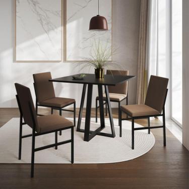 Imagem de Conjunto De Jantar Mesa Mônaco 90cm Tampo Preto Com 4 Cadeiras Estofadas Marrom Preto
