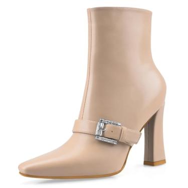 Imagem de Perisis Botas de cano curto, salto alto, grosso, preto, bico quadrado, fechado, curto, com zíper lateral, salto de 10 cm, padrão de crocodilo para mulheres e mulheres sexy, Nude PU, 35