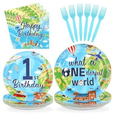 Imagem de Greencian 96Pcs Travel Theme 1st Birthday Party Supplies Adventure Awaits Plates and Napkins World Map 1st Birthday Tableware Set for Kids Adventure Time One Year Old Party Supplies，Serves 24