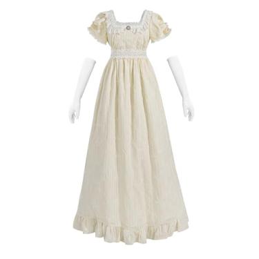 Imagem de CR ROLECOS Regency Dresses vestido de cintura império vitoriano para mulheres, vestido de festa de chá, manga bufante, vestido de fantasia com luvas, amarelo 2GG