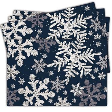 Imagem de Conjunto de 4 jogos americanos para férias de inverno, tapetes de mesa de Natal com floco de neve azul, 30,5 x 45,7 cm, antiderrapante, lavável, mesa de jantar para decoração de festa em casa, ideia