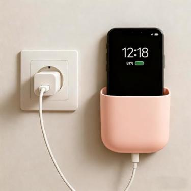 Imagem de Suporte de controle remoto montado na parede caixa de armazenamento autoadesiva para parede ao lado de telefones de mesa, pequenos itens, porta-canetas, organizador (rosa)