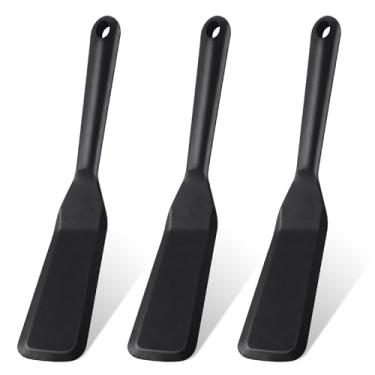 Imagem de 3 espátulas finas de silicone, espátulas antiaderentes para panqueca, espátula longa resistente ao calor para cozinhar ovos, hambúrgueres, pizza, panqueca, bife, omelete (preto)