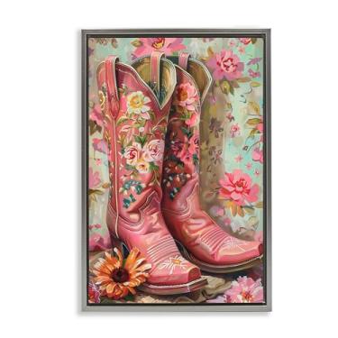 Imagem de Stupell Industries Rose Boots Pink Cowgirl Gold Framed Floater Canvas Wall Art, design by LSR Design Studio, 25 x 17