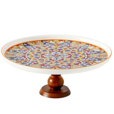 Imagem de Suporte de bolo de cerâmica com elegante pé curvado de madeira, suporte de sobremesa versátil de 25,4 cm, conjunto de exibição de mesa de sobremesa 2 em 1 e tábua de charcutaria para aniversário