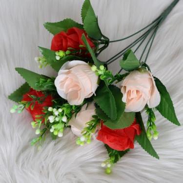 Imagem de Flor artificial – flores vermelhas champanhe rosa arranjos florais falsos para casa de banho, escritório, mesa, mesa central, prateleira, decorações de casamento