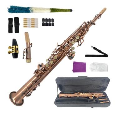 Imagem de ModouString Saxofone soprano reto Bb B Sax plano com estojo, bocal, palhetas e acessórios, instrumento de sopro de madeira de latão para iniciantes, adultos e jogadores avançados, ouro rosa