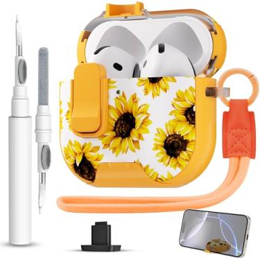 Imagem de Meiyasy Capa protetora bloqueável para AirPods 4 gerações, capa rígida estilo feminino com kit de limpeza e alça de mão para Apple AirPods 4 (girassol amarelo)