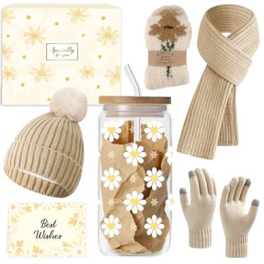 Imagem de Presentes de Natal para meninas adolescentes 8-15, presentes de aniversário para meninas adolescentes 9 10 11 12 13 14, copo de vidro com tampa e palha, gorro de inverno chapéu cachecol luvas conjunto