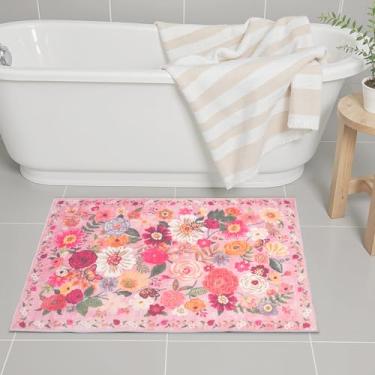 Imagem de Tapetes de área rosa 61 x 43 cm, tapete de entrada para decoração de casa, tapete de porta pequeno para banheiro, tapete de banheira floral ultrafino antiderrapante para pia, chuveiro, porta, banheira