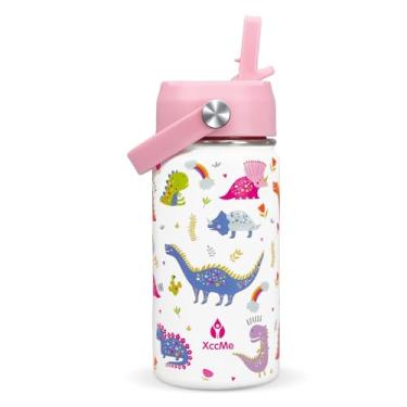 Imagem de XccMe Garrafa de água infantil com tampa de palha, garrafa de viagem de aço inoxidável 400 ml, copo infantil à prova de vazamento de parede dupla, copo isolado para crianças, garrafa de metal para