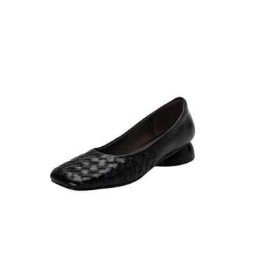 Imagem de TinaCus Sapatilha feminina de couro legítimo confortável de tecer com bico quadrado sem cadarço casual, Preto, 37