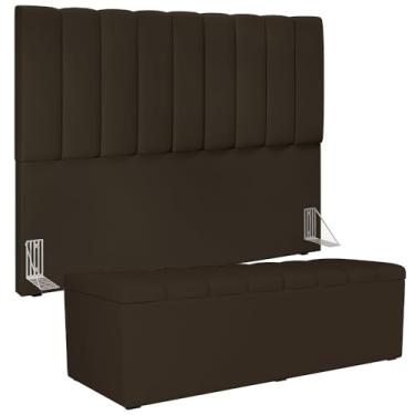 Imagem de Kit Cabeceira Cama Box Casal King 195cm com Calçadeira Baú Dália W01 Suede Marrom - Lyam