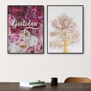 Imagem de Kit 2 Quadros Gratidão Flores E Árvore 33X24Cm Madeira Preta - Quadros