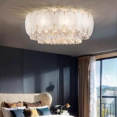 Imagem de Luminária de teto italiana em estilo creme com dupla camada de cristais em formato de pena - Elegante e aconchegante, ideal para salas de estar e corredores sofisticados (redonda de 60 cm)
