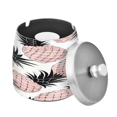 Imagem de Blueangle Cinzeiro padrão de abacaxi com tampa para cigarros, à prova de vento/chuva, aço inoxidável, sem fumaça, inodoro, cinzeiro para uso interno ou externo (74)