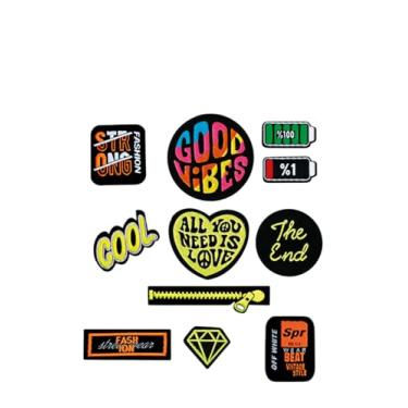 Imagem de Conjunto de remendo de tecido a ferro – Pacote com 11 emblemas de design de Good Vibes, Cool & Diamond, 100% poliéster, adesivo forte, fácil aplicação de prensa térmica