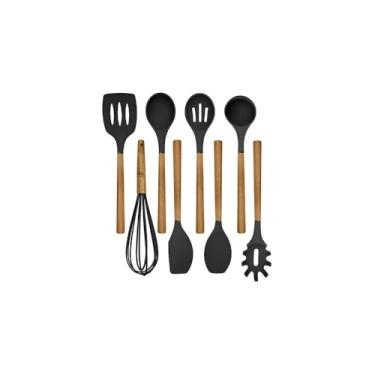 Imagem de Conjunto de Utensilios de Silicone com Cabo de Madeira, 8 Peças, Preto, Inclui Concha, Colher, Espátulas, Pegador, Fue, Pincel e Copo Suporte