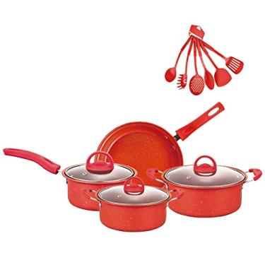 Imagem de Conjunto de Panelas Antiaderentes 13 Peças para Cozinha com Utensílios Revestimento Pedra Ferro Presentes Amigos e Família