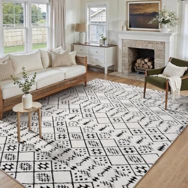 Imagem de WondRg 15 x 23 cm Boho Tapete felpudo preto e branco decoração moderna tapete lavável para sala de estar neutro marroquino tapete macio para quarto, cozinha, sala de jantar, casa, escritório, berçário