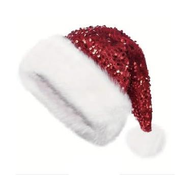 Imagem de RONGXG Sequin Xmas Hat Furry Trim Christmas Hat Plush Santa Cap Pompom Shiny Santa Claus Cap Christmas Festive Party (Red, one size)