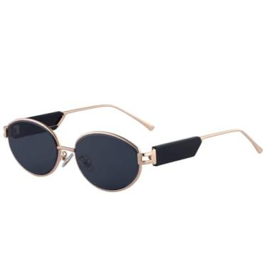 Imagem de JRLLFD Óculos de sol femininos ovais pequenos de metal de luxo, moda punk, masculino, para dirigir ao ar livre, UV400 (cinza dourado)