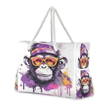 Imagem de Wassud Bolsa de praia violeta macaco óculos de sol grandes bolsas de praia para mulheres, à prova d'água, à prova de areia, bolsa de viagem com zíper e bolso, piscina, academia, acampamento
