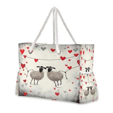 Imagem de Wassud Bolsa de praia com duas lindas ovelhas grandes bolsas de praia para mulheres, impermeável, à prova de areia, bolsa de viagem com zíper e bolso para piscina, academia, acampamento