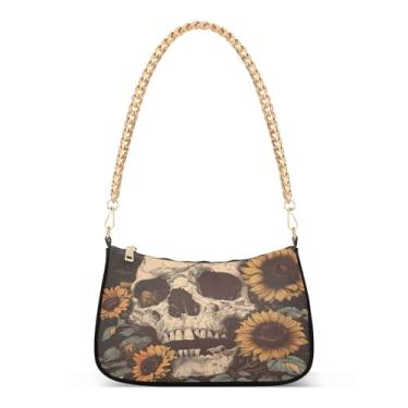 Imagem de CEBUGI Bolsas transversais femininas bolsa de ombro caveira girassóis bolsa clutch elegante com alça de corrente