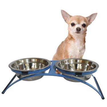 Imagem de Comedouro Ferro Cachorro Coelho Mini Duplo Inox - Azul - Gastrobel
